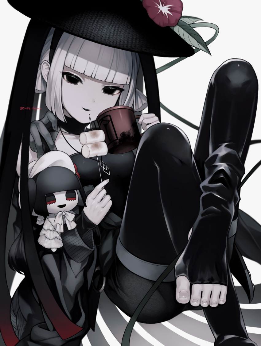 1girl, bare_shoulders, black_dress, black_eyes, blunt_bangs, breasts, character_doll, cup, doll, dress, fate/grand_order, fate_(series), feet, food, ghost_hands, grey_hair, hat, highres, jingasa, komahime_(exhibition_attire)_(fate), komahime_(fate), lantern, long_sleeves, looking_at_viewer, low_twintails, marshmallow, sen_no_rikyu_(exhibition_attire)_(fate), sen_no_rikyu_(fate), short_hair, short_twintails, small_breasts, smile, solo, sumi_(gfgf_045), twintails, white_hair, wide_sleeves