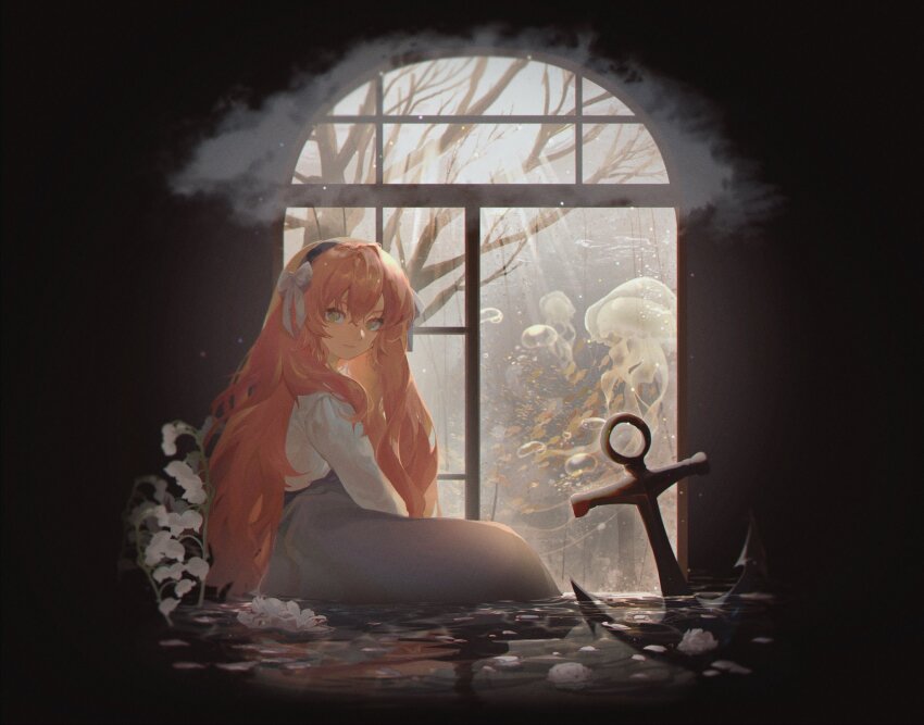 1girl, anchor, artist_collaboration, black_hairband, bow, closed_mouth, flower, green_eyes