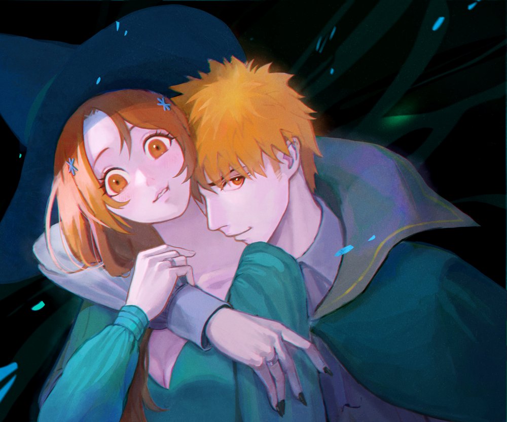 1boy, 1girl, :t, alternate_costume, arm_around_neck, black_background, black_cape, black_hat