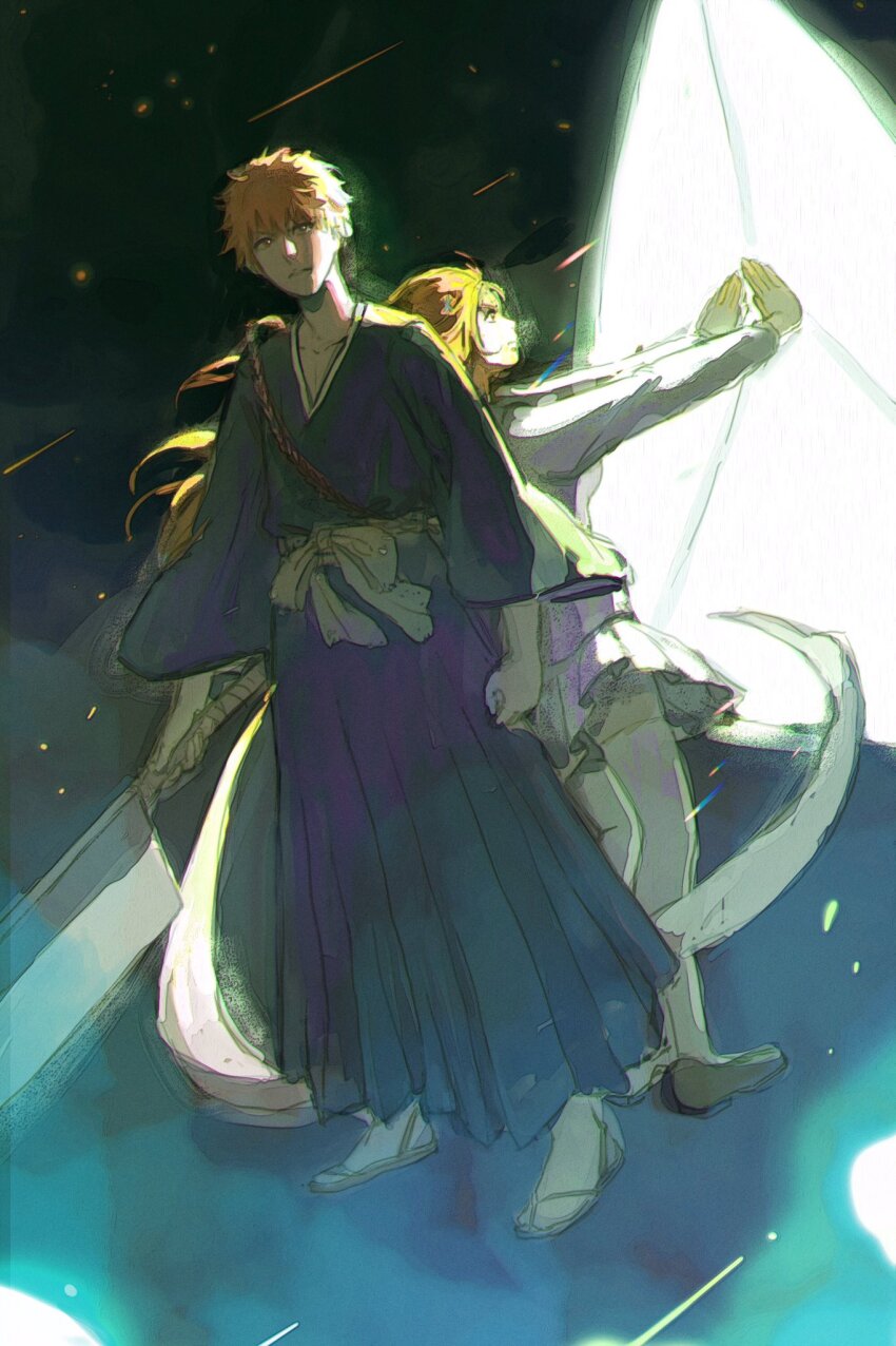 1boy, 1girl, backlighting, black_kimono, bleach, boonheur, commentary, energy_barrier, energy_shield, english_commentary, fighting_stance, floating_hair, full_body, grey_jacket, grey_skirt, hair_ornament, hetero, highres, holding, holding_sword, holding_weapon, inoue_orihime, jacket, japanese_clothes, kimono, kurosaki_ichigo, long_hair, long_sleeves, looking_at_viewer, miniskirt, obi, orange_hair, outstretched_arms, pleated_skirt, sandals, sash, school_uniform, serious, short_hair, simple_background, sketch, skirt, standing, star_(symbol), star_hair_ornament, sword, tabi, thighhighs, v-shaped_eyebrows, weapon, white_thighhighs, wide_sleeves, zangetsu_(shikai)