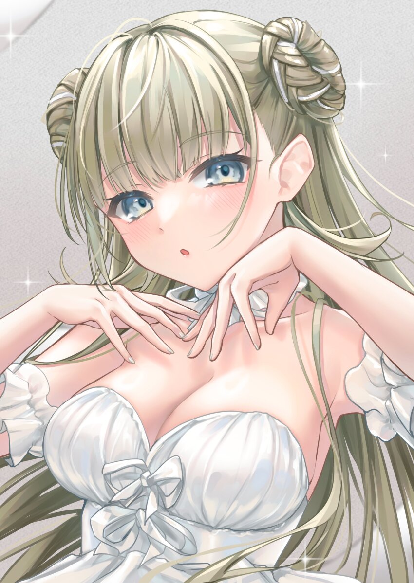 1girl, :o, absurdres, bare_shoulders, blue_eyes, breasts, brown_hair, cat_kan_0430, choker, double_bun, dress, hair_bun, hanabusa_lisa, highres, large_breasts, long_hair, looking_at_viewer, multicolored_hair, ribbon, solo, sparkle, strapless, strapless_dress, streaked_hair, very_long_hair, virtual_youtuber, vspo!, white_choker, white_dress, white_hair, white_nails, white_ribbon