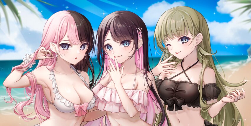 3girls, :3, :o, ;p, absurdres, bare_shoulders, beach, bikini, black_bikini, black_bow, blue_eyes, blue_sky, blush, bow, breasts, brown_hair, brown_nails, cat_kan_0430, cellphone, cloud, colored_inner_hair, criss-cross_halter, day, detached_sleeves, earrings, frilled_bikini, frilled_sleeves, frills, hair_down, hair_flip, hair_ornament, hairclip, halterneck, hanabusa_lisa, heart, heart_earrings, highres, holding, holding_phone, jewelry, kaga_nazuna, long_hair, looking_at_viewer, medium_breasts, mole, mole_under_eye, multicolored_hair, multiple_girls, navel, ocean, off-shoulder_bikini, off_shoulder, one_eye_closed, outdoors, palm_tree, phone, pink_bikini, pink_bow, pink_hair, puffy_short_sleeves, puffy_sleeves, red_nails, scrunchie, see-through_clothes, see-through_sleeves, short_sleeves, sky, smartphone, sparkle, split-color_hair, stomach, swept_bangs, swimsuit, tachibana_hinano, tongue, tongue_out, tree, two-tone_hair, upper_body, very_long_hair, virtual_youtuber, vspo!, water_drop, wet, white_bikini, white_scrunchie, wrist_scrunchie, x_hair_ornament