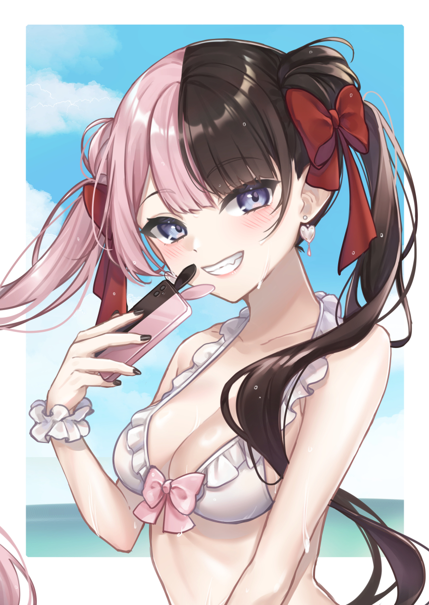 1girl, absurdres, bikini, blue_eyes, blue_sky, blush, border, bow