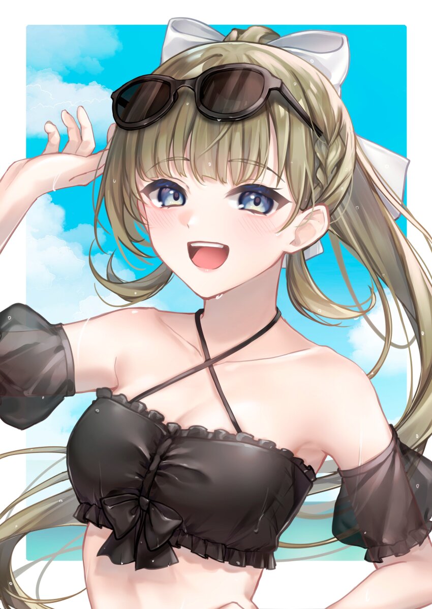 1girl, :d, absurdres, bikini, black_bikini, black_bow, blue_eyes, blue_sky