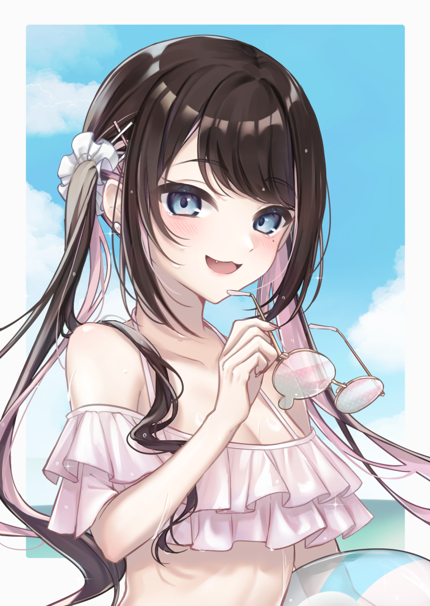 1girl, :3, absurdres, ball, bare_shoulders, beachball, bikini, blue_eyes