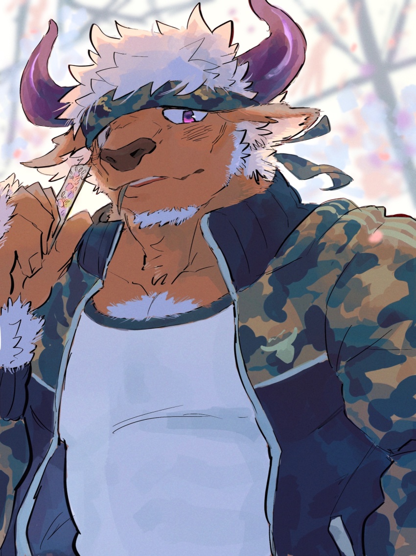1boy, animal_ears, bara, blush, camouflage, camouflage_headwear, cherry_blossoms, cow_ears, cow_horns, facial_hair, furry, furry_male, goatee, gym_uniform, hamunosuke_(buta5kawa), highres, horns, jacket, large_pectorals, looking_at_viewer, male_focus, minotaur, muscular, muscular_male, pectoral_cleavage, pectorals, shennong_(housamo), short_hair, smile, solo, tokyo_houkago_summoners, track_jacket, upper_body