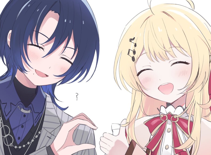 2girls, ?, ahoge, blonde_hair, blue_hair, blue_shirt, blush, collared_shirt