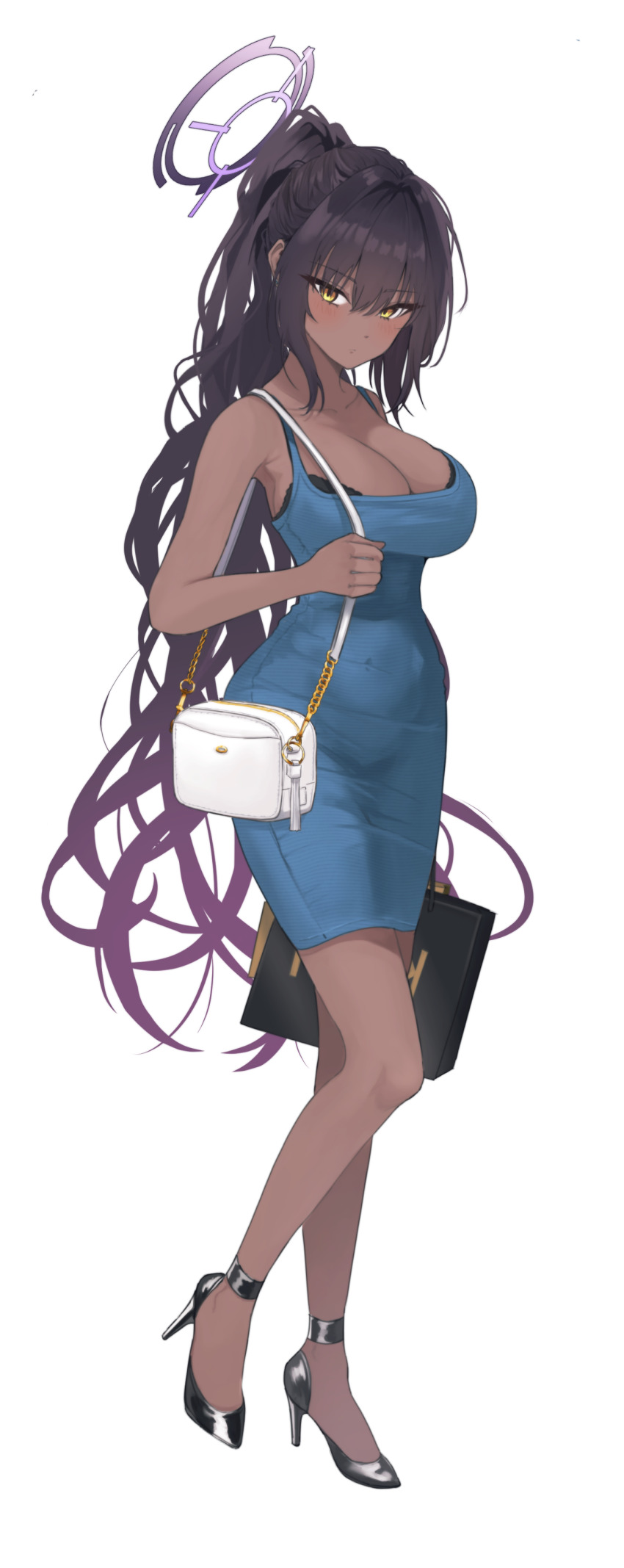1girl, absurdres, alternate_costume, arata_haru, bag, black_footwear, black_hair, blue_archive