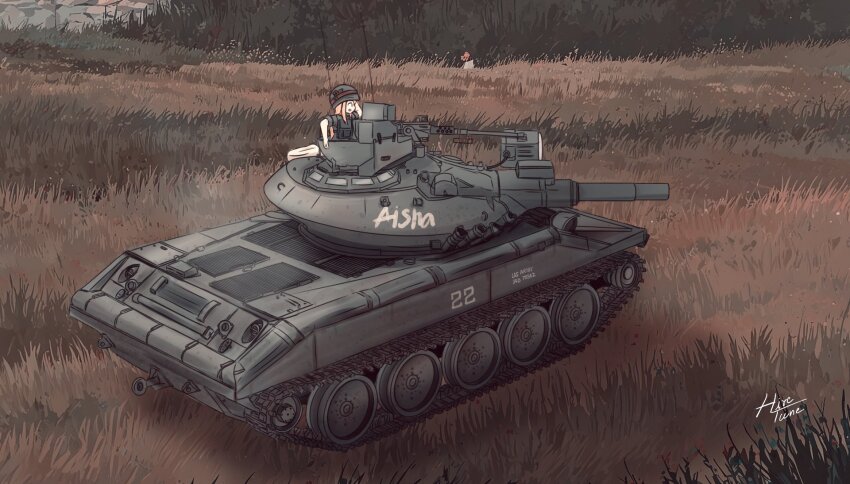 1girl, caterpillar_tracks, evening, grass, highres, m551_sheridan, military, military_vehicle, motor_vehicle, open_mouth, tank