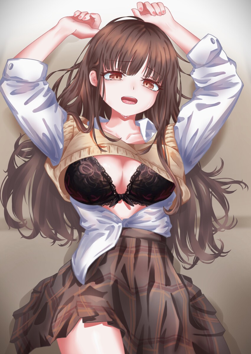 1girl, :o, absurdres, anil5609, arms_up, black_bra, blush, bra, breasts, brown_hair, brown_sweater_vest, cleavage, collarbone, dark_skin, highres, idolmaster, idolmaster_shiny_colors, lace, lace-trimmed_bra, lace_trim, large_breasts, long_hair, open_clothes, open_shirt, plaid_clothes, plaid_skirt, shirt, skirt, solo, sonoda_chiyoko, sweat, sweater_vest, underwear, very_long_hair, white_shirt