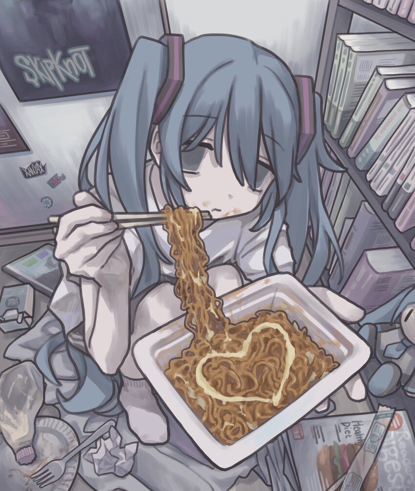 1girl, absurdres, aqua_eyes, aqua_hair, blank_eyes, bookshelf, character_doll, chopsticks
