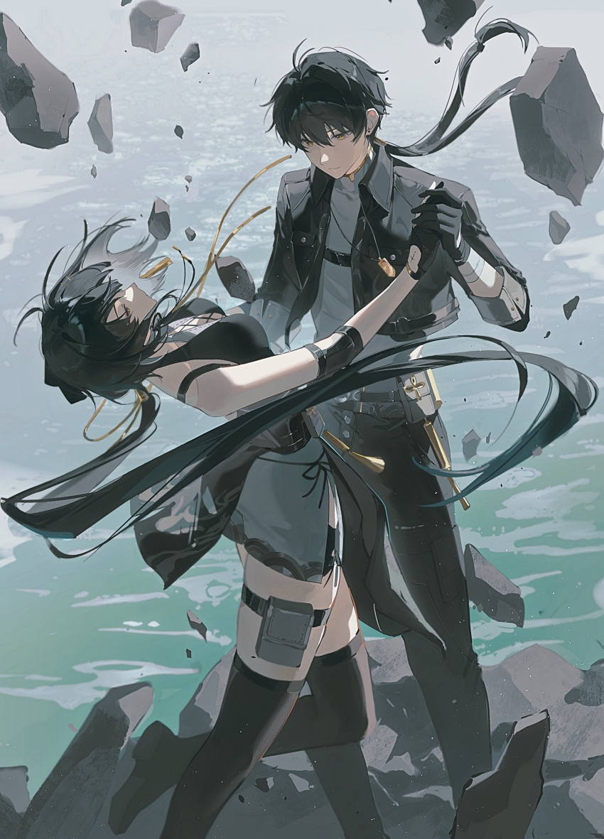 1boy, 1girl, absurdres, bandaged_wrist, bandages, bare_shoulders, belt_pouch, black_footwear, black_gloves, black_hair, black_jacket, black_pants, body_markings, boots, breasts, cropped_jacket, cross-laced_clothes, cross-laced_top, dancing, debris, dual_persona, elbow_pads, female_rover_(wuthering_waves), floating_rock, gloves, grey_shirt, grey_skirt, halter_shirt, halterneck, highres, holding_hands, huz_(a1438758295), jacket, leaning_back, long_hair, low_ponytail, male_rover_(wuthering_waves), medium_breasts, miniskirt, ocean, on_rock, open_clothes, open_jacket, pants, partially_fingerless_gloves, ponytail, pouch, ripples, rover_(wuthering_waves), shirt, side_slit, skirt, tassel, thigh_boots, thigh_pouch, thigh_strap, very_long_hair, wuthering_waves, yellow_eyes