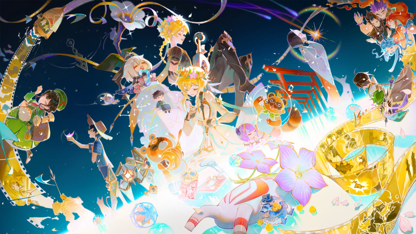 5boys, 5girls, absurdres, aether_(genshin_impact), ball, birthday_cake, blonde_hair, blue_sky