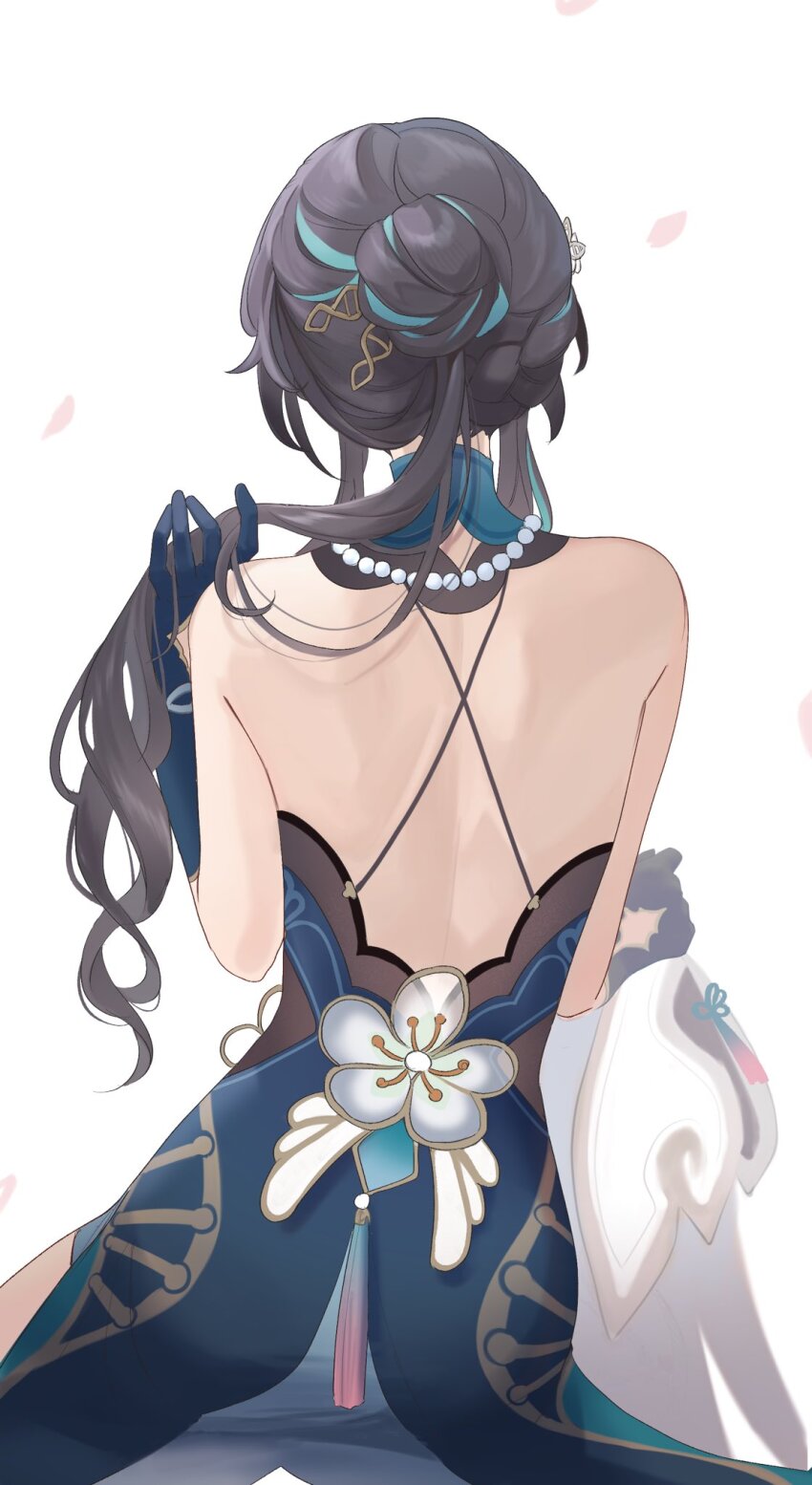 1girl, back, backless_dress, backless_outfit, bare_back, black_hair, blue_dress, blue_gloves, capelet, detached_collar, dress, falling_petals, from_behind, gloves, hair_bun, highres, holding, holding_own_hair, holding_unworn_clothes, honkai:_star_rail, honkai_(series), jewelry, long_hair, median_furrow, necklace, pearl_necklace, petals, ruan_mei_(honkai:_star_rail), satou_kouri, simple_background, solo, unworn_capelet, upper_body, white_background