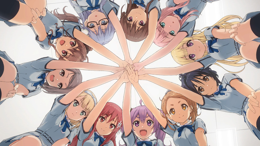 22/7, 22/7_ongaku_no_jikan, 6+girls, ahoge, belt, black-framed_eyewear, blonde_hair, blue_belt