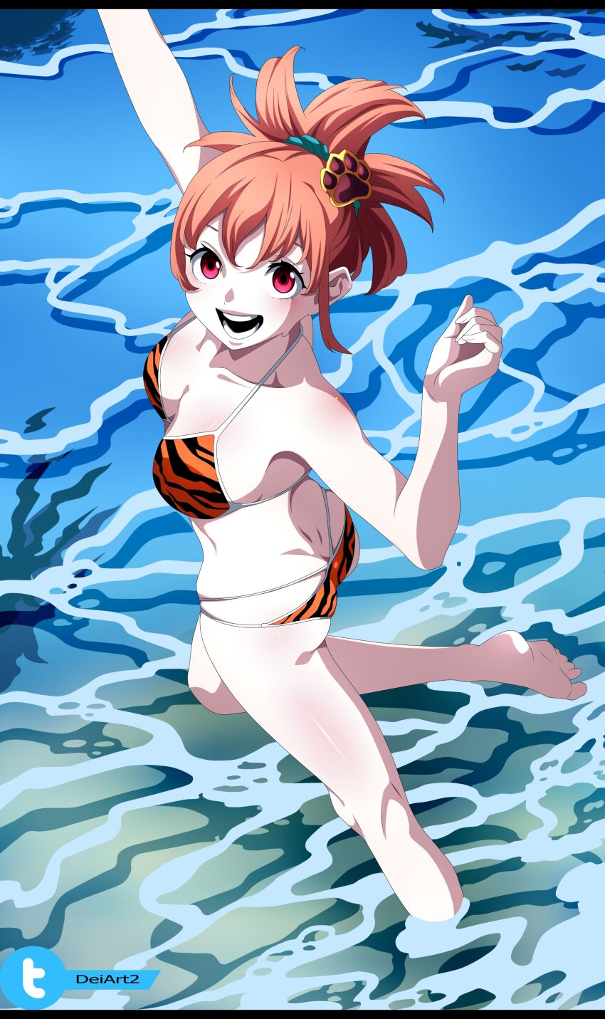 1girl, absurdres, arms_up, bikini, blue_jacket, blush, delart, hair_ornament