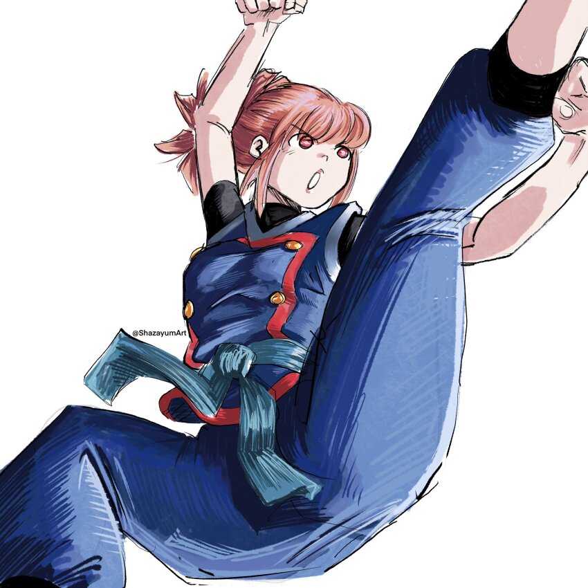 1girl, arms_up, blue_jacket, blue_pants, blue_ribbon, highres, jacket, kicking