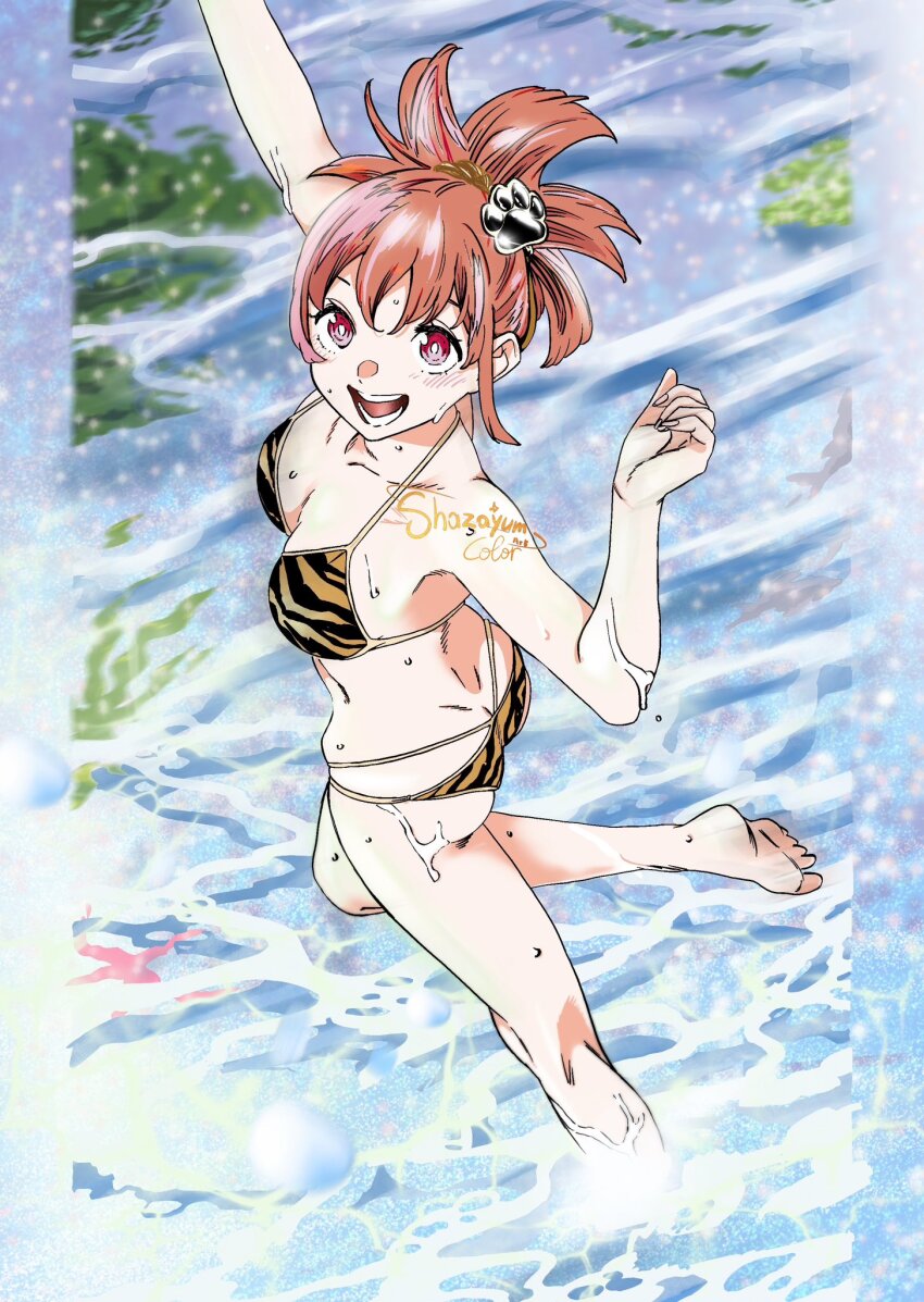 1girl, arms_up, bikini, blue_jacket, blush, delart, hair_ornament, happy, highres, jacket, jumping, long_hair, mato_seihei_no_slave, open_mouth, orange_hair, red_eyes, smile, swimsuit, tatara_konomi, tiger_bikini, tongue, very_long_hair, water