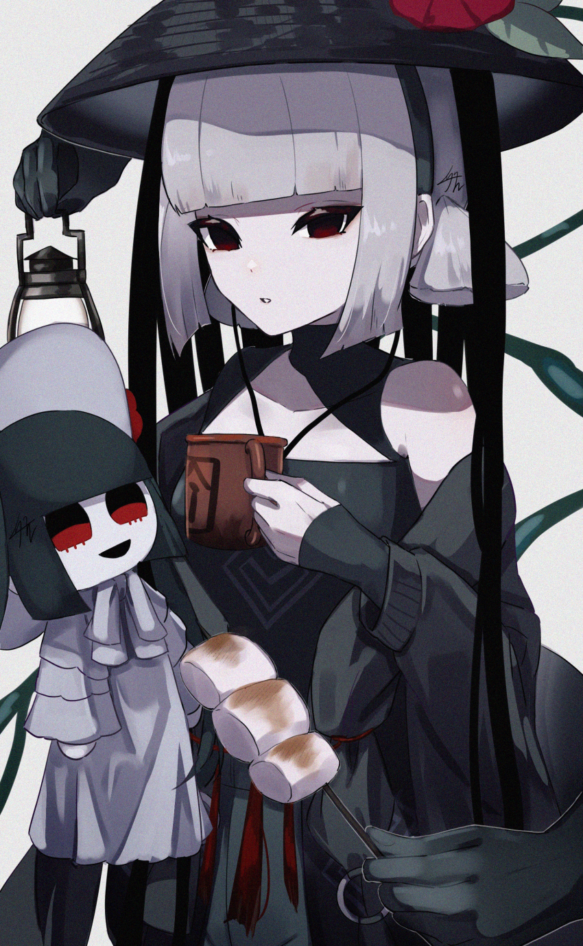 1girl, absurdres, bare_shoulders, black_dress, black_eyes, blunt_bangs, breasts, character_doll