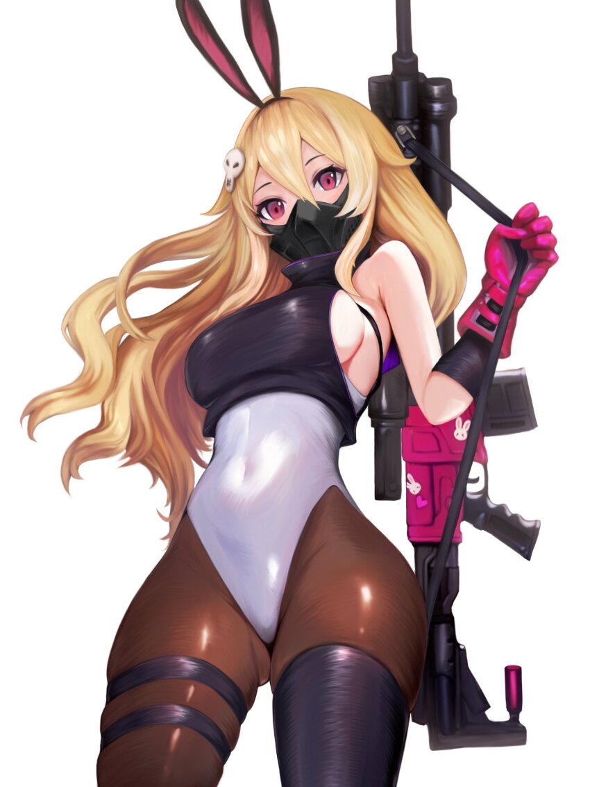 1girl, animal_ears, armpit_crease, assault_rifle, black_footwear, black_gloves, black_jacket, blonde_hair