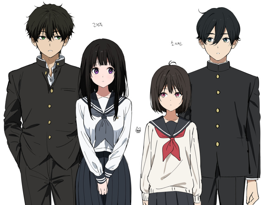 2boys, 2girls, artist_logo, black_hair, blush, bob_cut, breasts, brown_eyes