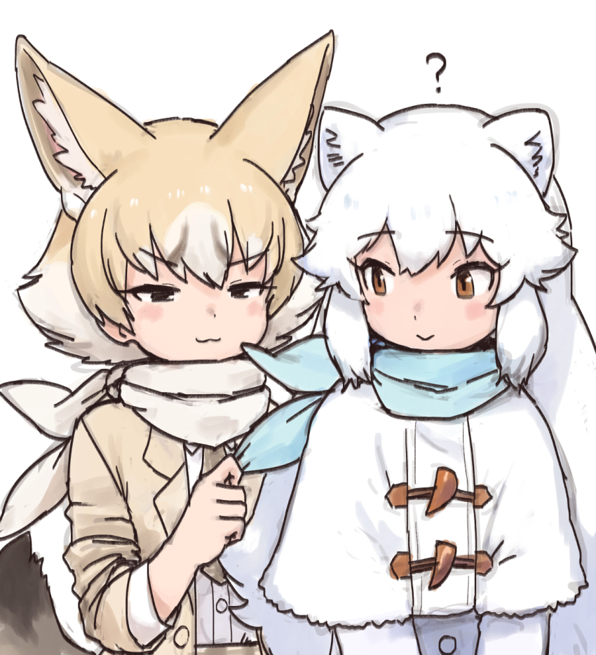 2girls, :>, :3, ?, animal_ears, arctic_fox_(kemono_friends), blonde_hair, blue_bow