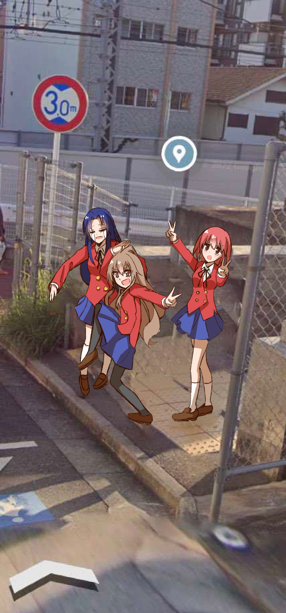 3girls, aisaka_taiga, blue_hair, brown_eyes, brown_hair, double, high_school_girls_posing_for_google_street_view_(meme), highres, jacket, kawashima_ami, kushieda_minori, meme, multiple_girls, photo-referenced, photo_(medium), red_eyes, red_hair, red_jacket, shirt, tears, thighhighs, toradora!, v, white_shirt, yukiart_83, zettai_ryouiki