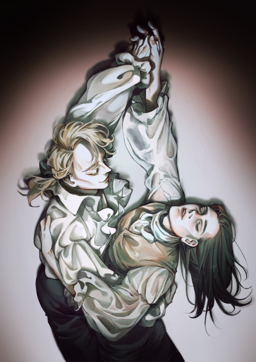 2boys, absurdres, arm_around_another's_waist, ascot, black_bow, black_pants, blonde_hair, bow