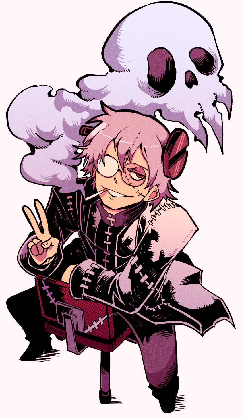 1boy, absurdres, chair, cigarette, franken_stein_(soul_eater), glasses, green_eyes, grey_hair