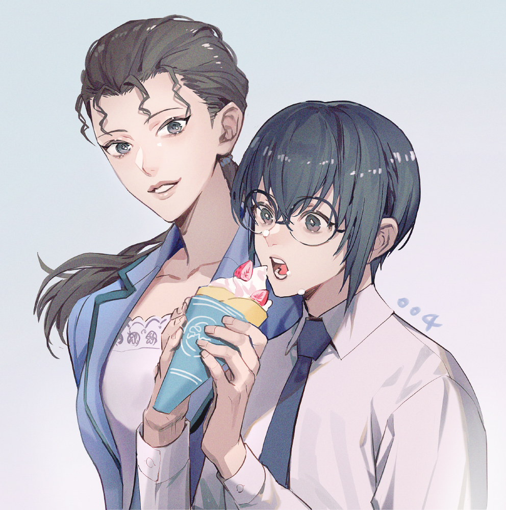 1boy, 1girl, black_hair, blue_jacket, commentary_request, crepe, food, food_on_face