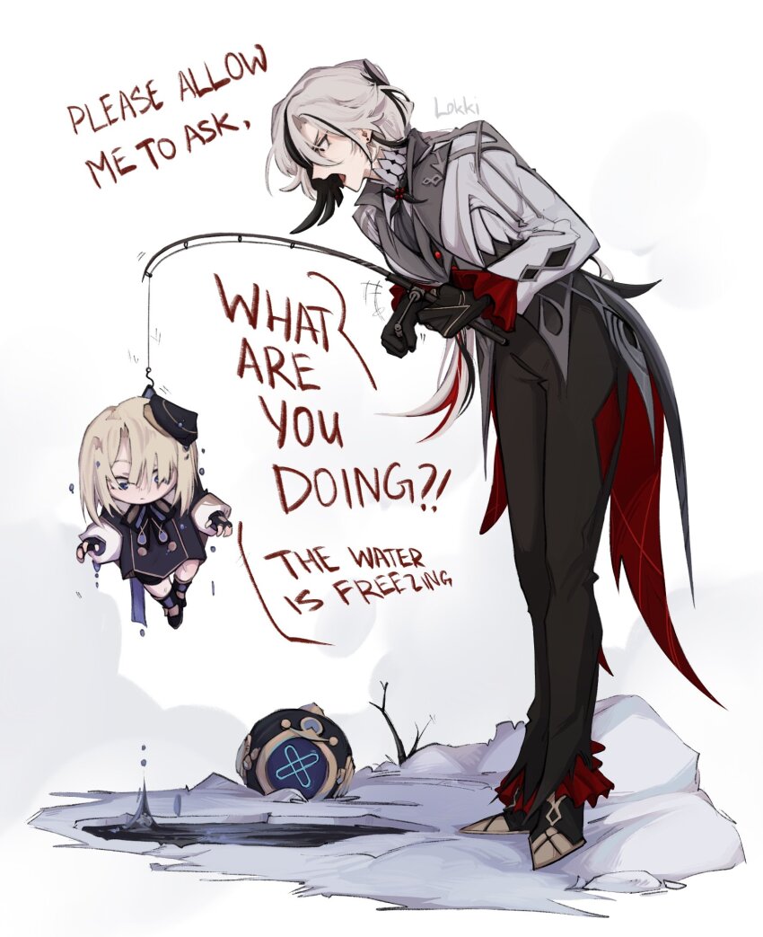 1boy, 1girl, aged_down, arlecchino_(genshin_impact), artist_name, beret, black_bow, black_bowtie