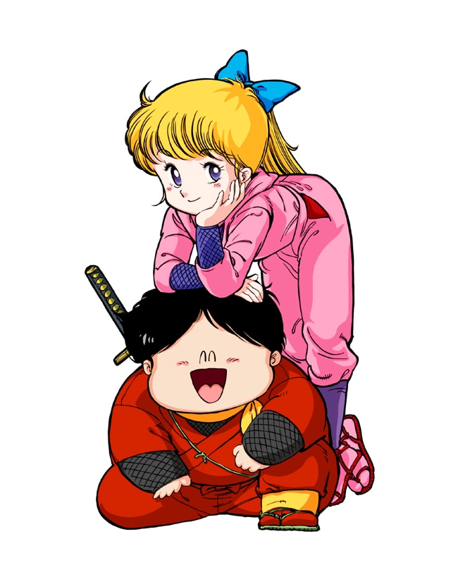 1980s_(style), 1boy, 1girl, bent_over, black_hair, blonde_hair, blue_bow, blue_eyes