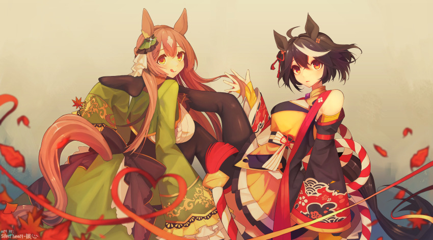 2girls, absurdres, ahoge, animal_ears, bare_shoulders, black_hair, blush, bow, breasts, brown_hair, chanchanko_(clothes), cleavage, cleavage_cutout, clothing_cutout, commentary_request, corset, detached_sleeves, ear_ornament, ear_ribbon, feet, full_body, green_skirt, hair_between_eyes, hair_ribbon, highres, horse_ears, horse_girl, horse_tail, kitasan_black_(umamusume), licking_lips, long_hair, looking_at_viewer, medium_hair, multicolored_hair, multiple_girls, open_mouth, red_eyes, red_ribbon, ribbon, satono_diamond_(umamusume), shirt, short_hair, shrug_(clothing), skirt, sleeves_past_fingers, sleeves_past_wrists, sliverheartawa, small_breasts, smile, streaked_hair, tail, tongue, tongue_out, umamusume, upper_body, white_shirt