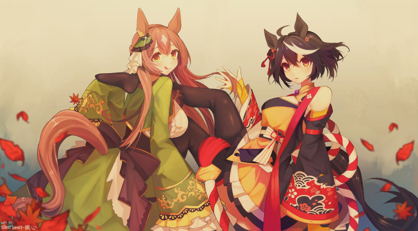 2girls, absurdres, ahoge, animal_ears, bare_shoulders, black_hair, blush, bow, breasts, brown_hair, chanchanko_(clothes), cleavage, cleavage_cutout, clothing_cutout, commentary_request, corset, detached_sleeves, ear_ornament, ear_ribbon, feet, full_body, green_skirt, hair_between_eyes, hair_ribbon, highres, horse_ears, horse_girl, horse_tail, kitasan_black_(umamusume), licking_lips, long_hair, looking_at_viewer, medium_hair, multicolored_hair, multiple_girls, open_mouth, red_eyes, red_ribbon, ribbon, satono_diamond_(umamusume), shirt, short_hair, shrug_(clothing), skirt, sleeves_past_fingers, sleeves_past_wrists, sliverheartawa, small_breasts, smile, streaked_hair, tail, tongue, tongue_out, umamusume, upper_body, white_shirt