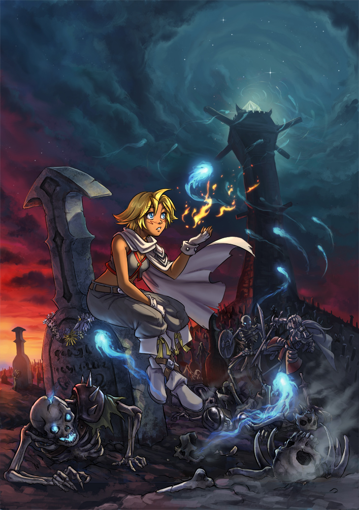 1boy, 1girl, bare_arms, bare_shoulders, battle, blonde_hair, blue_eyes, broken_bone