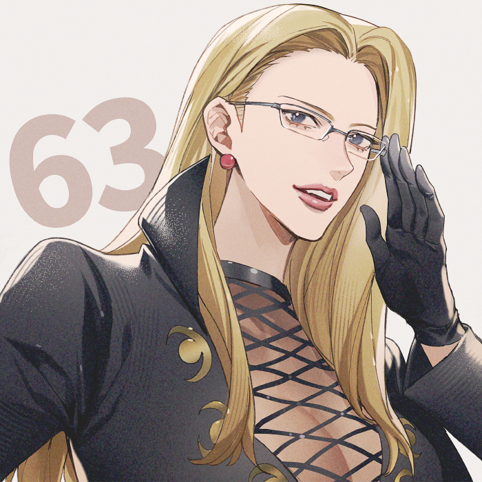 1girl, adjusting_eyewear, black_dress, black_gloves, blonde_hair, commentary_request, dress, earrings