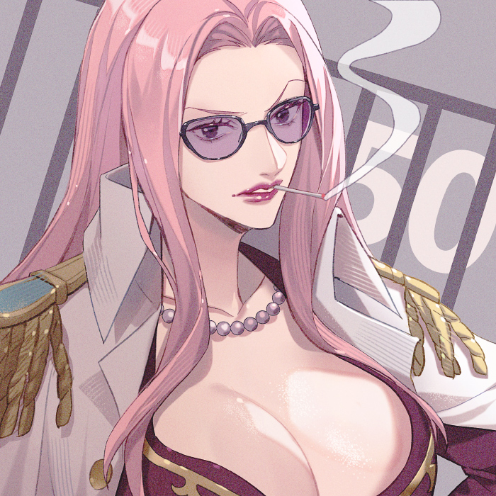 1girl, breasts, cigarette, cleavage, coat, commentary_request, epaulettes, hina_(one_piece), jacket, jewelry, large_breasts, long_hair, looking_at_viewer, necklace, numbered, one_piece, pearl_necklace, pink_hair, purple-tinted_eyewear, purple_jacket, red_lips, simple_background, smoke, solo, sunglasses, tinted_eyewear, upper_body, v-shaped_eyebrows, white_coat, yoshicha