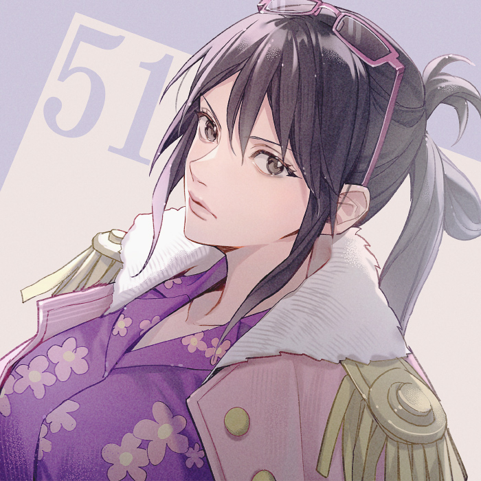 1girl, black_eyes, black_hair, closed_mouth, coat, commentary_request, epaulettes, eyewear_on_head