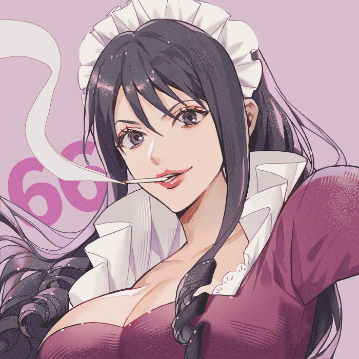 1girl, baby_5, black_hair, breasts, cigarette, cleavage, collar, commentary_request