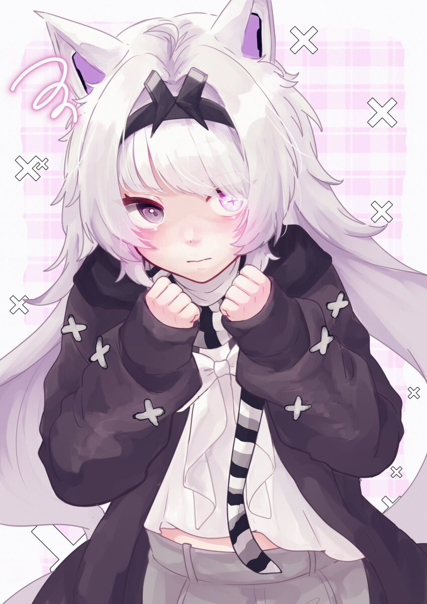 1girl, alternate_costume, animal_ears, black_hairband, black_sweater, commentary, cross-shaped_pupils, grey_eyes, grey_hair, grey_pants, hair_intakes, hairband, heterochromia, highres, long_hair, long_sleeves, mechanical_ears, messy_hair, mismatched_pupils, misoso_25, no._21:_feral_(pgr), no._21_(pgr), pants, punishing:_gray_raven, scarf, shirt, shy, sidelocks, solo, striped_clothes, striped_scarf, sweater, untranslatable_commentary, symbol-shaped_pupils, unkempt, very_long_hair, white_shirt, wolf_ears