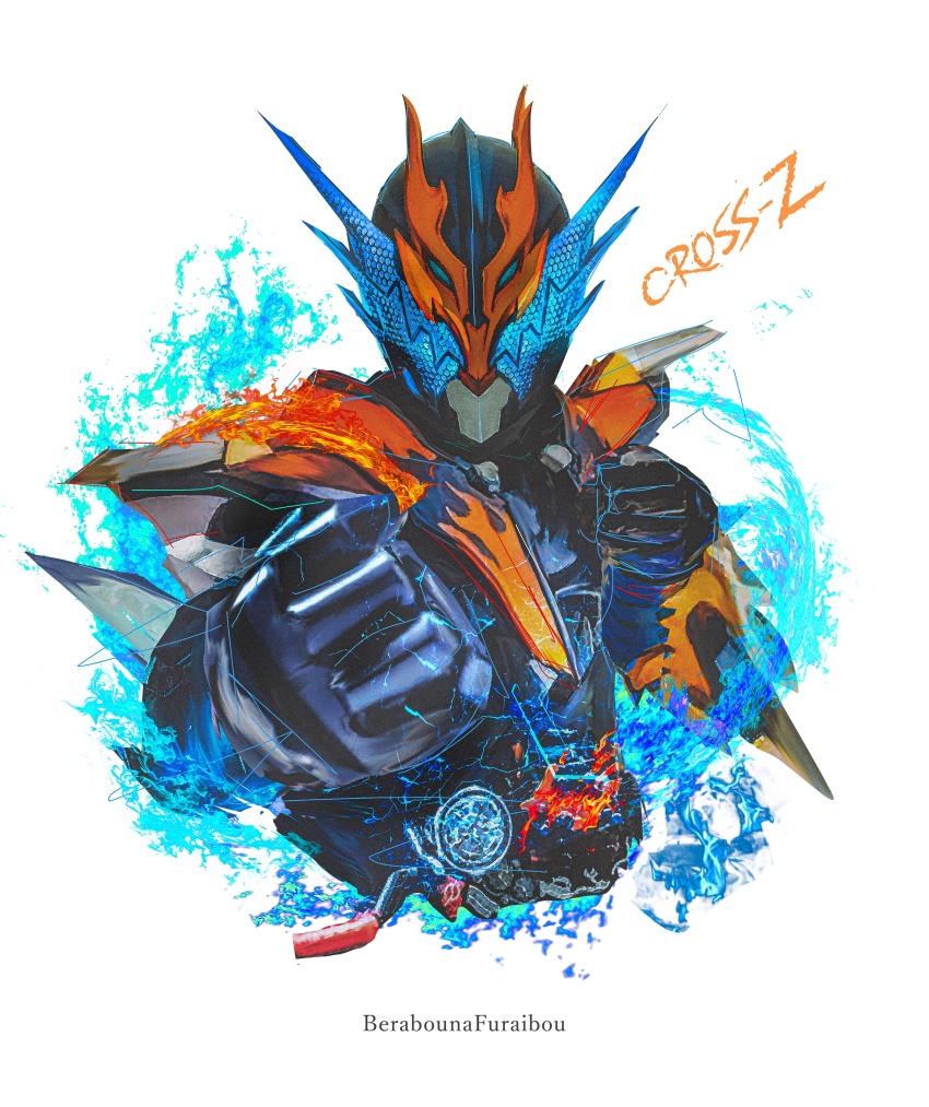 1boy, absurdres, armor, blue_armor, build_driver, character_name, clenched_hands, cross-z_dragon, highres, kamen_rider, kamen_rider_build_(series), kamen_rider_cross-z, male_focus, obakelope0530, orange_armor, power_armor, simple_background, solo, upper_body, white_background