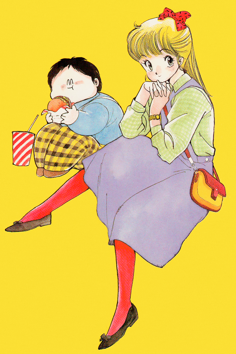 1980s_(style), 1boy, 1girl, bag, black_footwear, black_hair, blonde_hair, blue_eyes