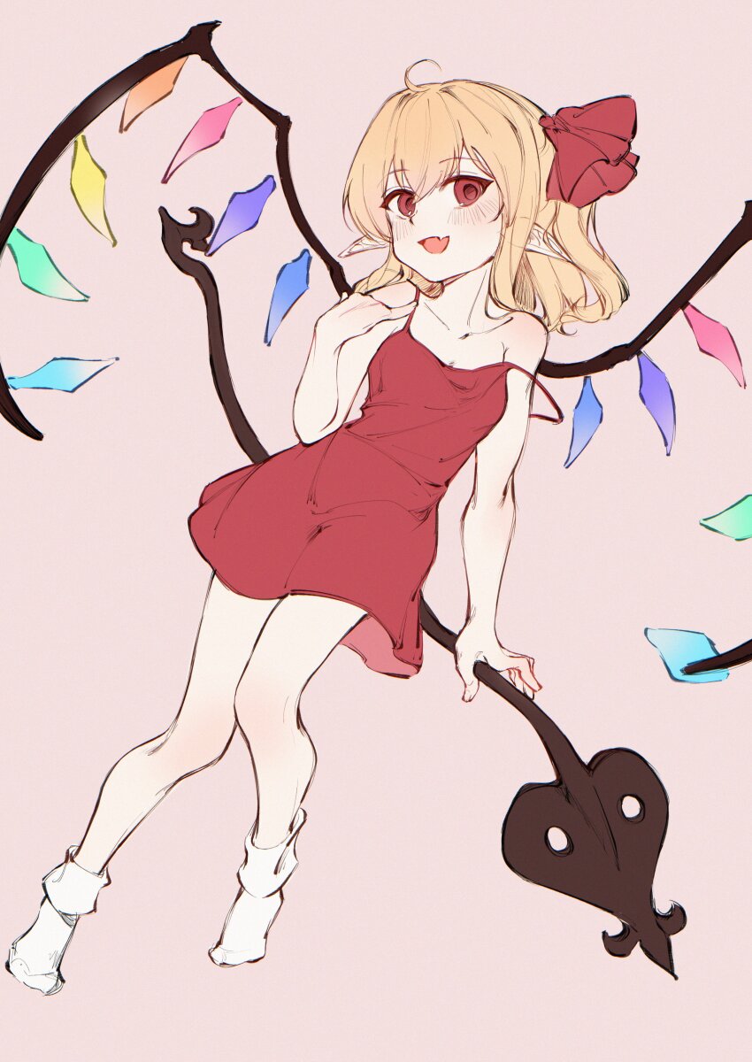 1girl, absurdres, bare_legs, bare_shoulders, blonde_hair, cindy717, crystal_wings, flandre_scarlet