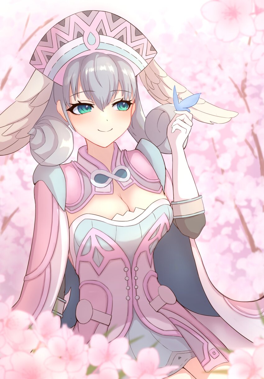 absurdres, breasts, flower, grey_hair, haruka_f4l, head_wings, highres, melia_antiqua