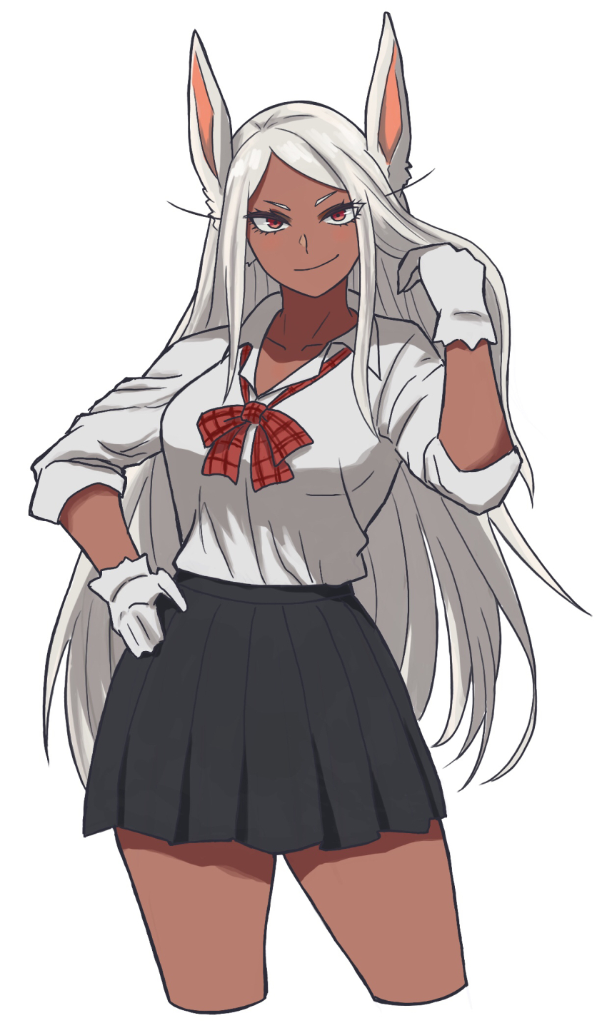 1girl, animal_ears, black_skirt, boku_no_hero_academia, bow, breasts, collared_shirt, cropped_legs, dark-skinned_female, dark_skin, gloves, hand_in_own_hair, hand_up, highres, large_breasts, long_eyelashes, long_hair, looking_at_viewer, mirko, parted_bangs, plaid_bow, pleated_skirt, rabbit_ears, rabbit_girl, red_eyes, sakata_s2023, school_uniform, shirt, shirt_tucked_in, simple_background, skirt, sleeves_rolled_up, solo, thighs, very_long_hair, white_background, white_gloves, white_hair, white_shirt