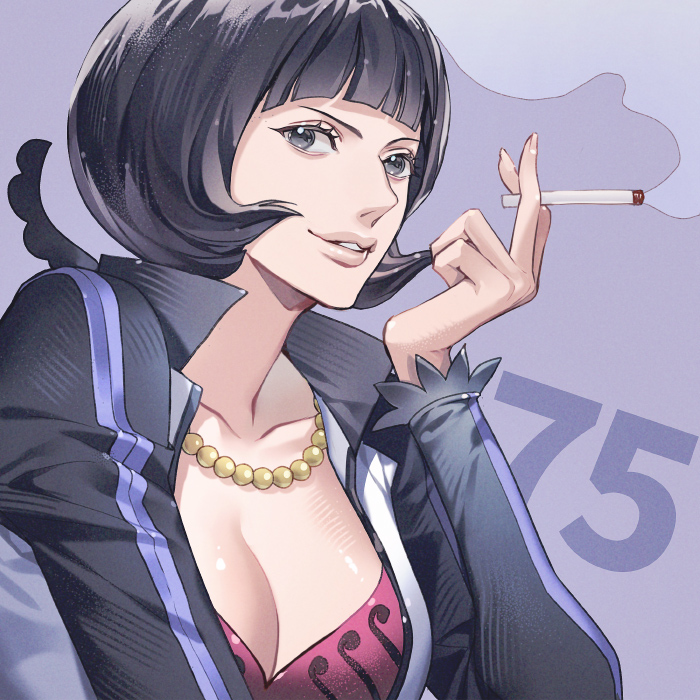 1girl, black_eyes, black_hair, blunt_bangs, bob_cut, breasts, cigarette, cleavage