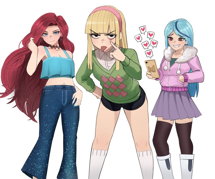 3girls, andrea_davenport, black_choker, black_shorts, blonde_hair, blue_hair, blue_pants, blue_tank_top