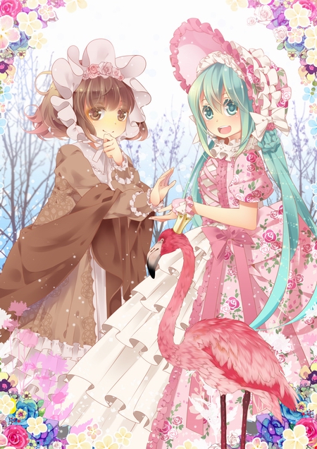 2girls, bad_id, bad_pixiv_id, bird, blue_eyes, blue_hair, brown_eyes, brown_hair