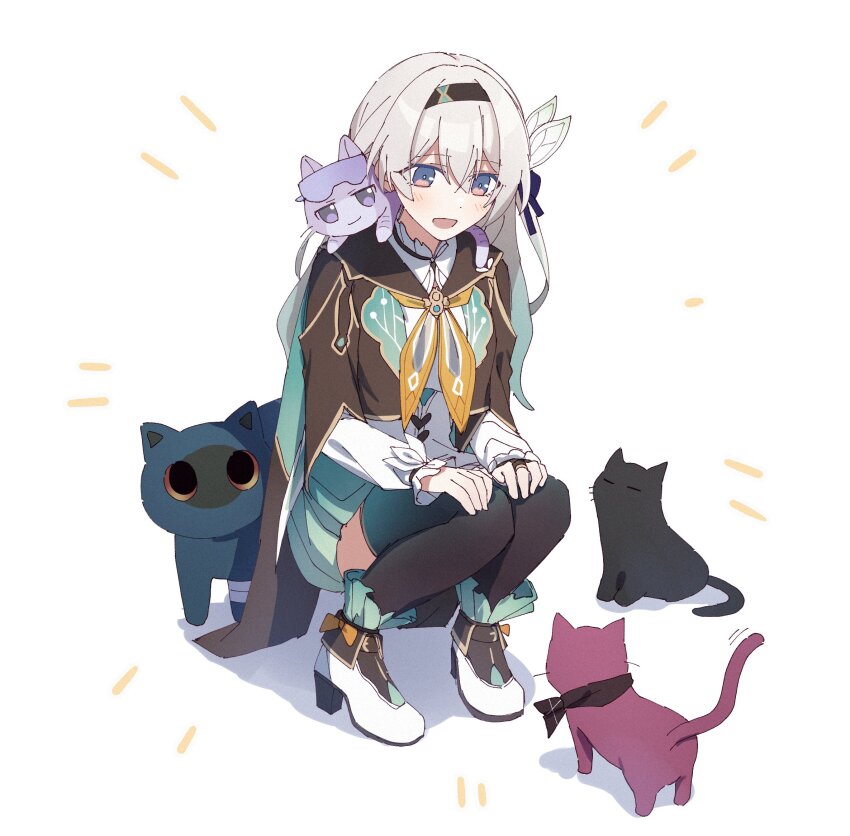 1girl, animal, animal_on_shoulder, animalization, black_hairband, black_thighhighs, blade_(honkai:_star_rail), cat