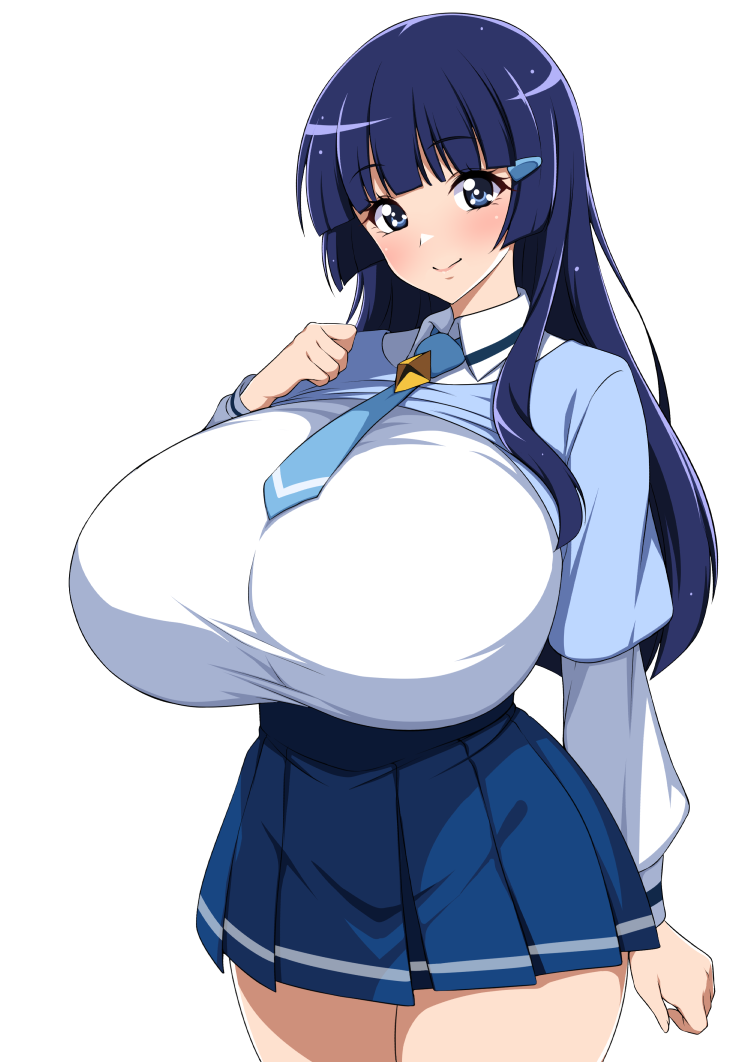 1girl, alternate_body_size, alternate_breast_size_(larger), aoki_reika, blue_hair, blue_skirt, breasts, collared_shirt, cowboy_shot, curvy, gigantic_breasts, hair_ornament, hairclip, hand_on_own_chest, hime_cut, huge_breasts, jabara_tornado, long_hair, looking_at_viewer, nanairogaoka_middle_school_uniform, necktie, pleated_skirt, precure, school_uniform, shirt, skirt, smile, smile_precure!, solo, standing, thick_thighs, thighs, white_background, wide_hips